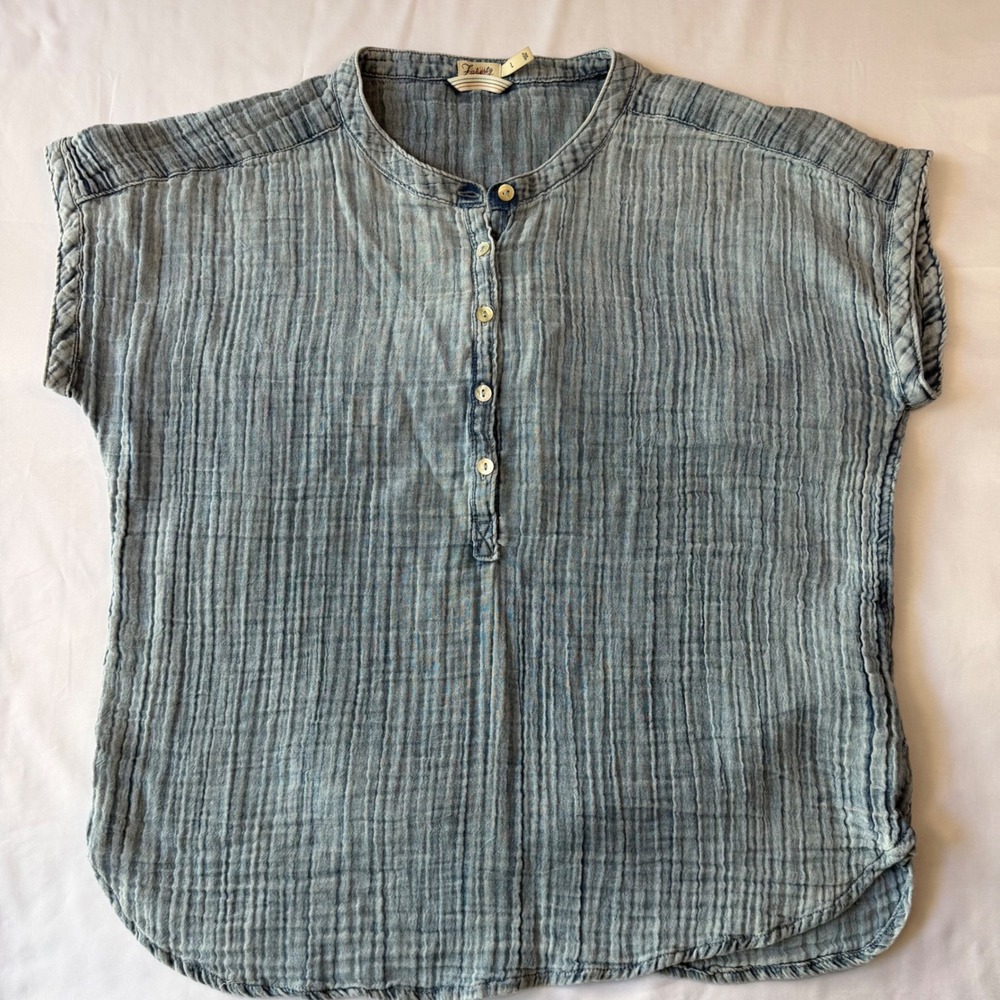 Faherty Brand Women Blue Gauze Cotton Henley Short Sleeve Shirt Top Size L